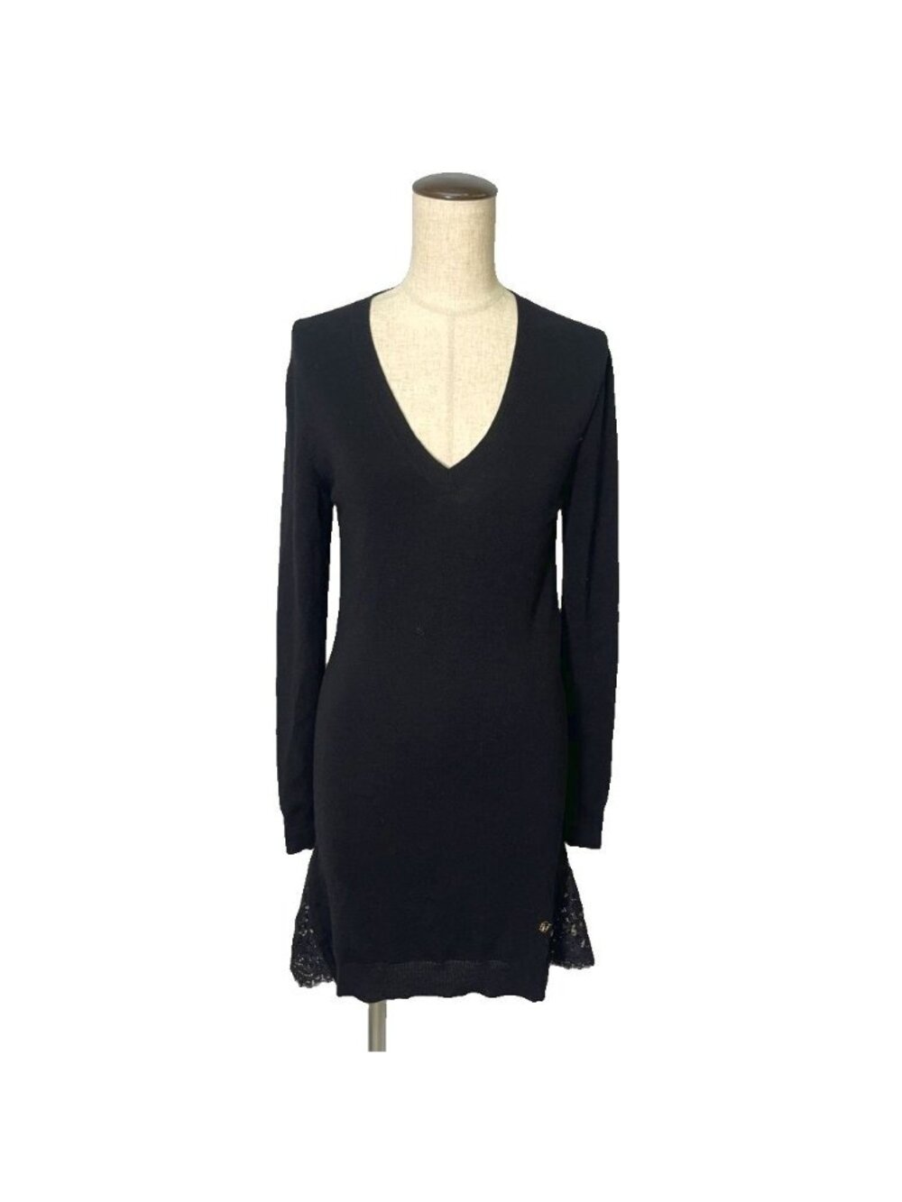 Louis Vuitton Wool Knit Dress V-neck Hem Lace Long Sleeve Knee-Length Black XS